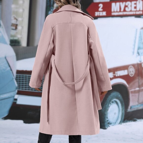 Casual Women's Lapel Neck Double Breasted Belted Jacket coat Dusty Pink - Picture 3 of 7